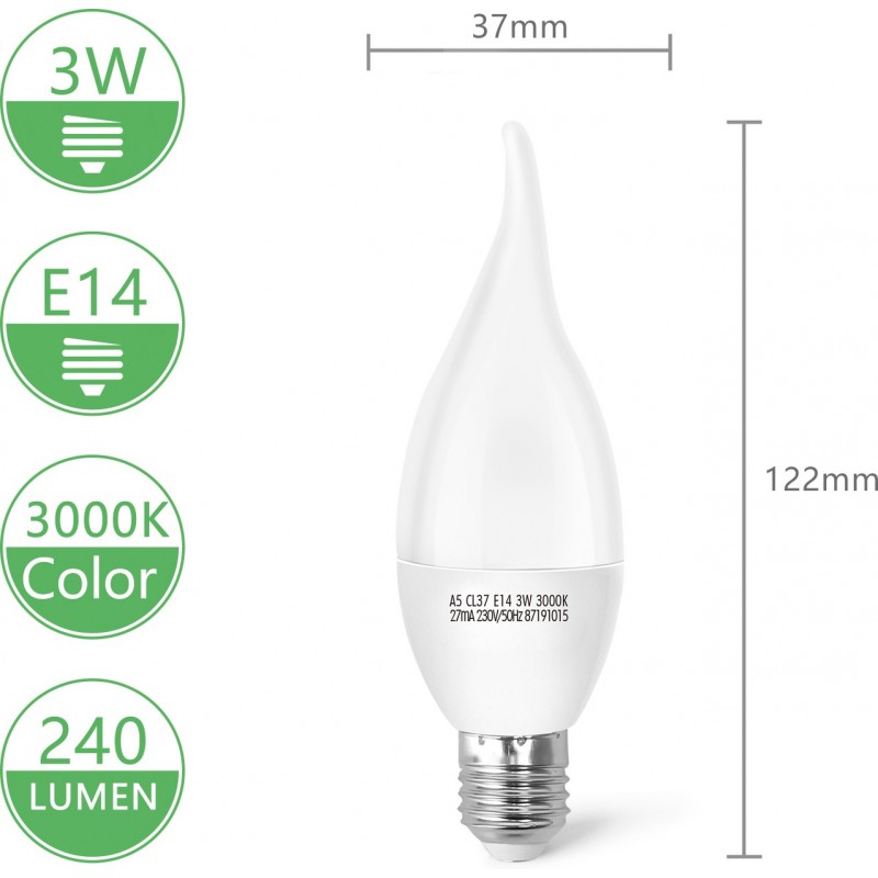 7,95 € Free Shipping | 5 units box LED light bulb 3W E14 LED 3000K Warm light. Ø 3 cm. LED candle White Color