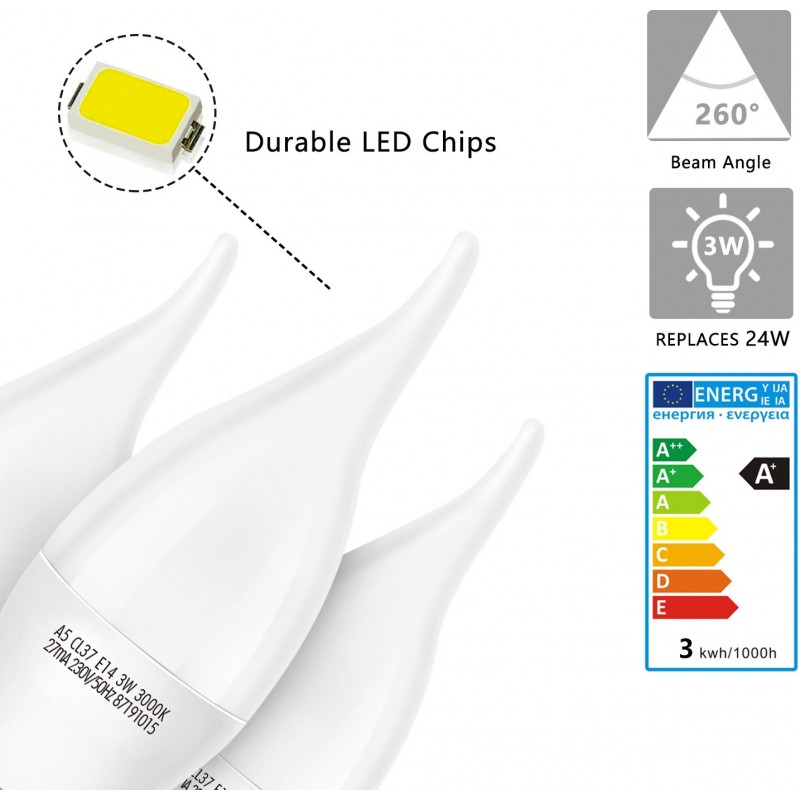7,95 € Free Shipping | 5 units box LED light bulb 3W E14 LED 3000K Warm light. Ø 3 cm. LED candle White Color