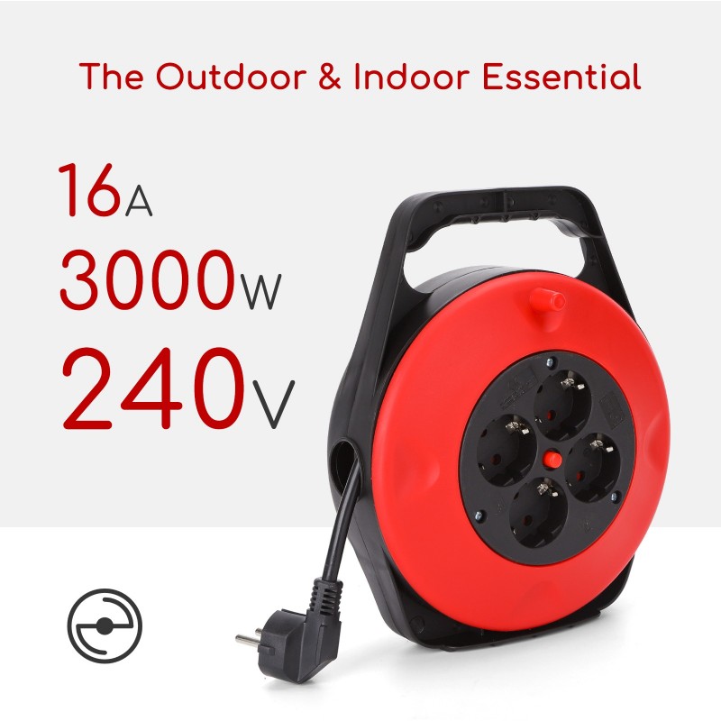 16,95 € Free Shipping | Lighting fixtures 3000W 500 cm. Heavy duty extension cord. Rollable, retractable and anti-flammable. 4 outlets and circuit breaker. 5 meters PMMA. Black and red Color