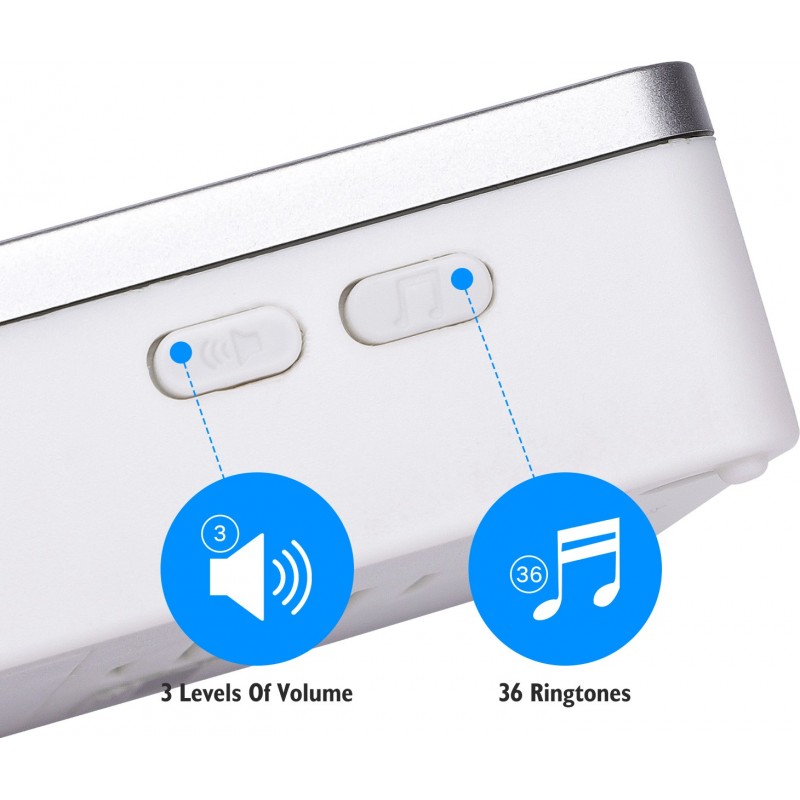 112,95 € Free Shipping | 8 units box Home appliance 0.3W Doorbell. Wireless and portable for outdoors. Waterproof. 36 Melodies. 2 Receivers and 1 Transmitter ABS and Acrylic. White and silver Color