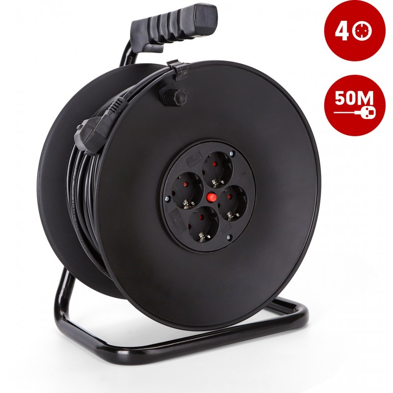 84,95 € Free Shipping | Lighting fixtures 3000W 5000 cm. Heavy duty extension cord. Rollable and anti-flammable. 4 power outlets. Metallic support. 50 meters Black Color