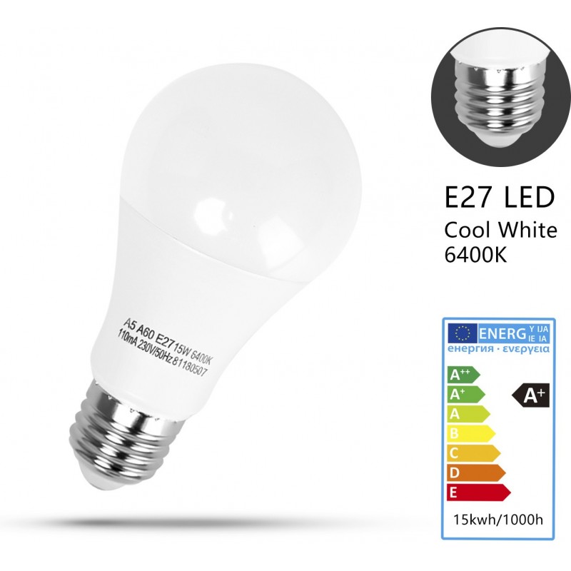 13,95 € Free Shipping | 5 units box LED light bulb 15W E27 LED A60 Ø 6 cm. PMMA and Polycarbonate. White Color