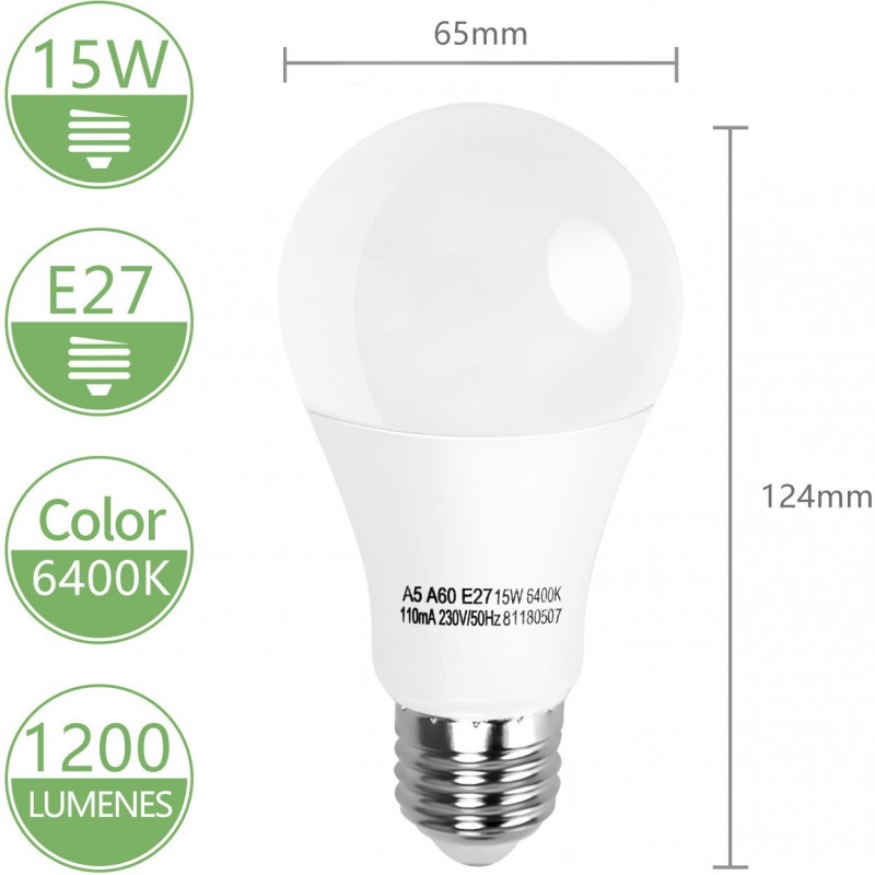 13,95 € Free Shipping | 5 units box LED light bulb 15W E27 LED A60 Ø 6 cm. PMMA and Polycarbonate. White Color