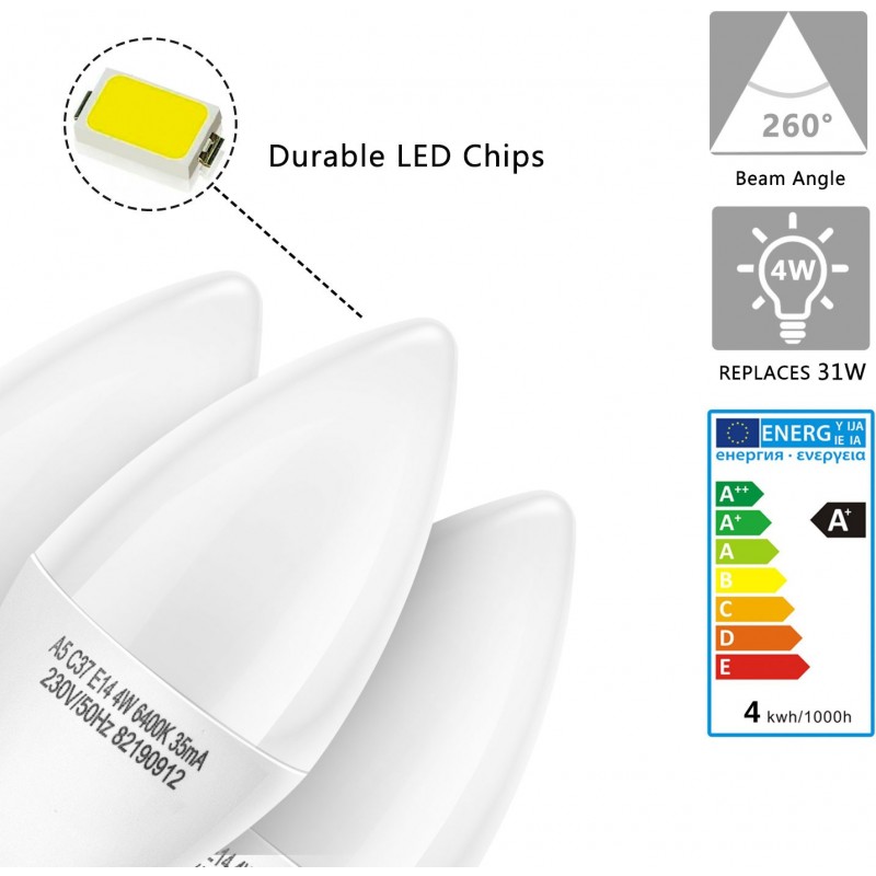 5,95 € Free Shipping | 5 units box LED light bulb 4W E14 Ø 3 cm. LED candle. Edison filament. wide angle White Color