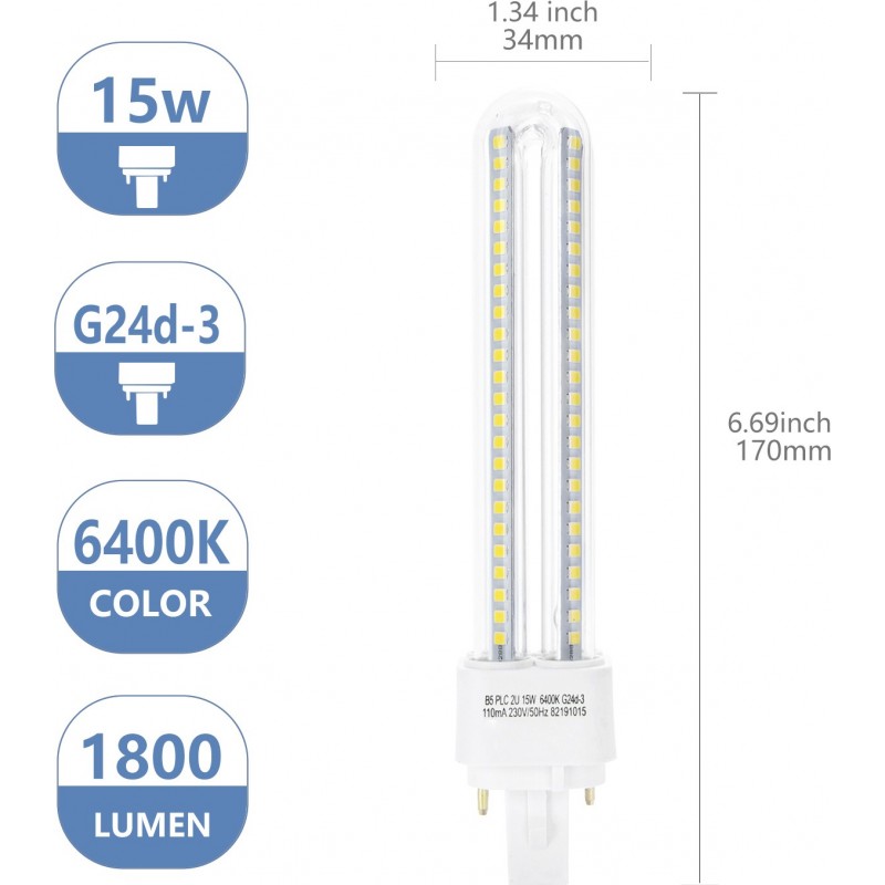 21,95 € Free Shipping | 5 units box LED light bulb 15W G24 LED Ø 3 cm. Double LED Tube 2U