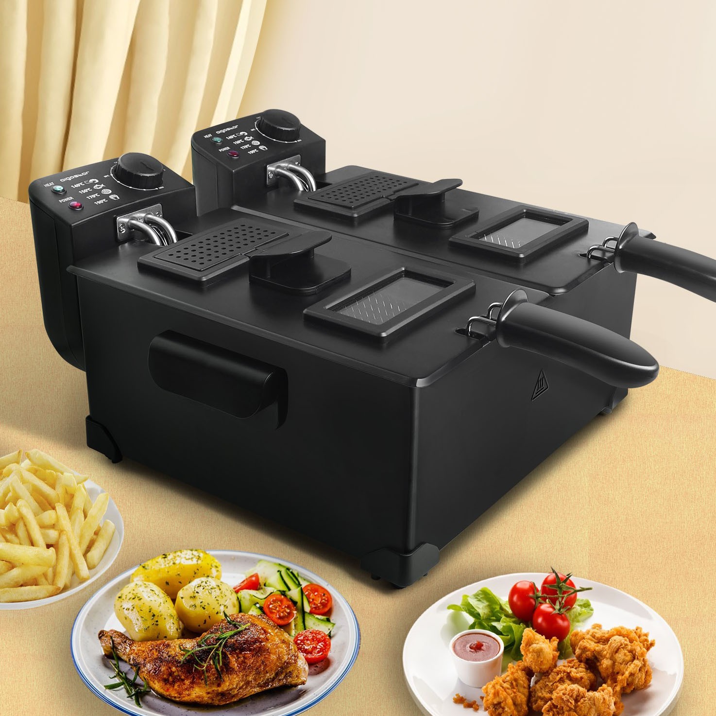 96,95 € Free Shipping | Kitchen appliance Aigostar 3600W 41×40 cm. Two bowl fryer Black Color