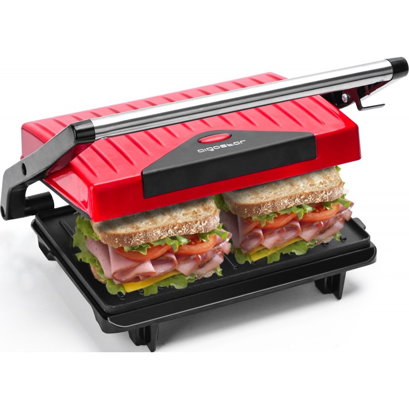 23,95 € Envío gratis | Electrodoméstico de cocina Aigostar 750W 28×22 cm. Máquina de Grill, parrilla y panini Aluminio. Color negro y rojo