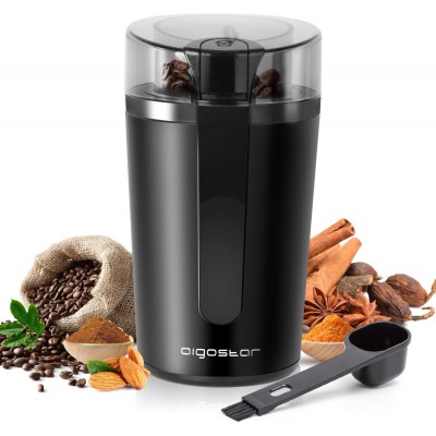 14,95 € Free Shipping | Kitchen appliance Aigostar 200W 18×10 cm. Coffee grinder ABS and Stainless steel. Black Color