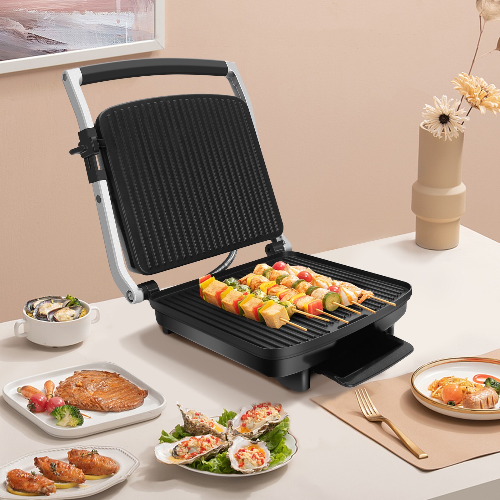 56,95 € Free Shipping | Kitchen appliance Aigostar 2200W 37×34 cm. Panini grill Stainless steel and aluminum. Black and silver Color