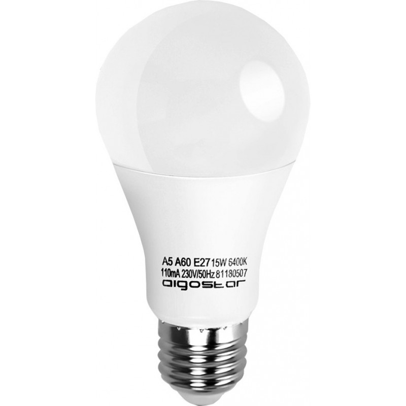 9,95 € Free Shipping | 5 units box LED light bulb Aigostar 15W E27 LED A60 Ø 6 cm. Pmma and polycarbonate. White Color