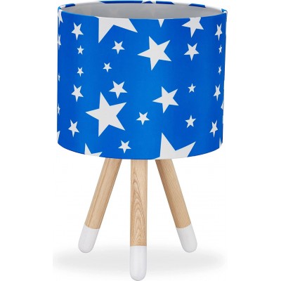 Table lamp 40W Cylindrical Shape 40×25 cm. Clamping tripod. Design with drawing of stars Dining room, bedroom and lobby. Wood and Textile. Blue Color