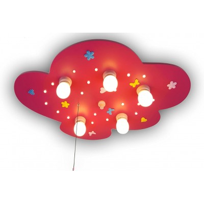 141,95 € Free Shipping | Kids lamp 40W 30×30 cm. 5 points of light. Cloud-shaped design and flower drawings Living room, bedroom and lobby. Aluminum and Wood. Red Color