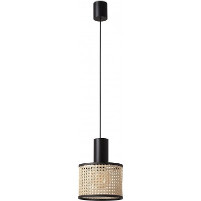 Hanging lamp 15W Cylindrical Shape Ø 21 cm. Living room, dining room and bedroom. Steel and Rattan. Beige Color