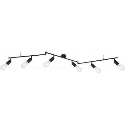 Indoor spotlight 60W Extended Shape 180×19 cm. 6 spotlights and triple arm Living room, dining room and bedroom. Metal casting. Black Color