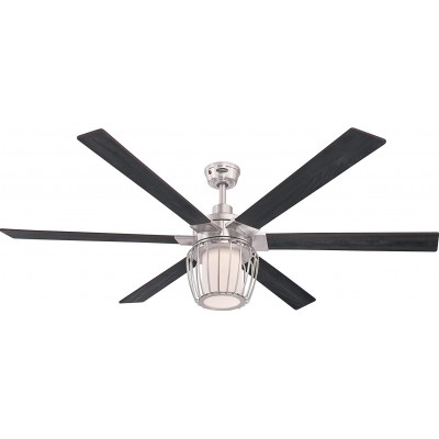 389,95 € Free Shipping | Ceiling fan with light 75W 152×152 cm. 6 vanes-blades. Remote control Living room, dining room and bedroom. Modern Style. Metal casting and Glass. Black Color
