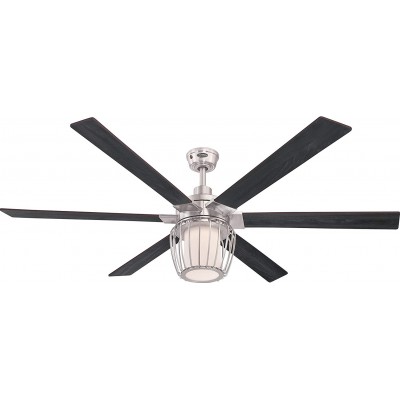 369,95 € Free Shipping | Ceiling fan with light 75W 152×152 cm. 6 vanes-blades. Remote control Metal casting and glass. Black Color