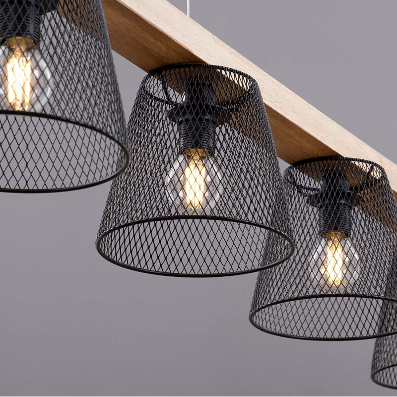 348,95 € Free Shipping | Hanging lamp 25W Conical Shape 136×110 cm. 5 adjustable spotlights. mesh lampshade Living room, dining room and bedroom. Retro and vintage Style. Metal casting and Wood. Black Color