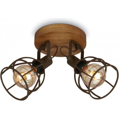 89,95 € Free Shipping | Ceiling lamp 25W Round Shape 30×22 cm. 2 adjustable light points Living room, dining room and lobby. Rustic and vintage Style. Steel, Metal casting and Wood. Brown Color