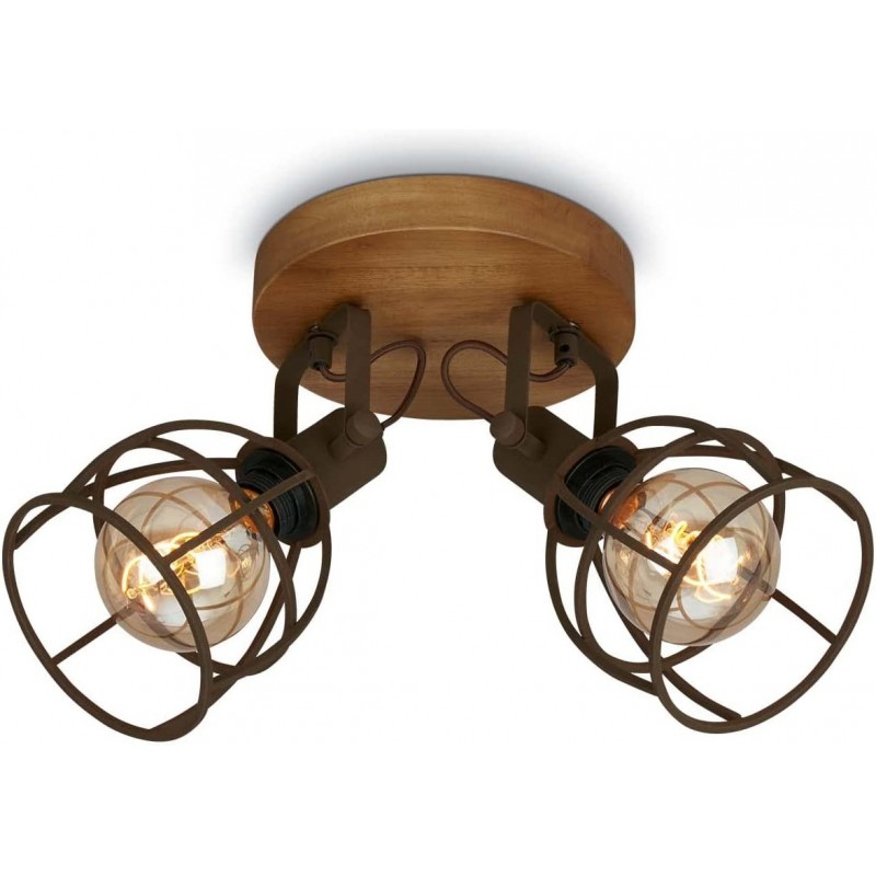 89,95 € Free Shipping | Ceiling lamp 25W Round Shape 30×22 cm. 2 adjustable light points Living room, dining room and lobby. Rustic and vintage Style. Steel, Metal casting and Wood. Brown Color