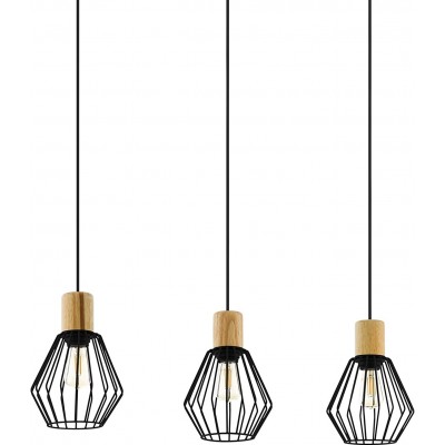 Lampe à suspension Eglo 60W 110×76 cm. 3 points de lumière Salle à manger, chambre et hall. Style industriel. Acier et Bois. Couleur noir