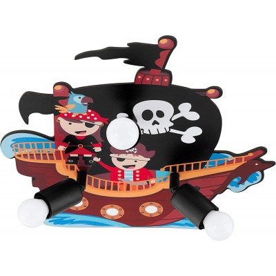 Lâmpada infantil Eglo 40W 44×43 cm. 3 pontos de luz. Design com desenhos piratas Aço e madeira. Cor preto