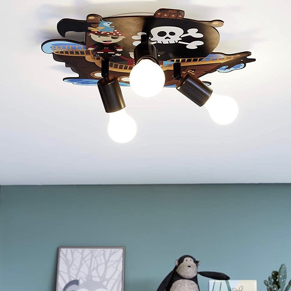 77,95 € Envío gratis | Lámpara infantil Eglo 40W 44×43 cm. 3 puntos de luz. Diseño con dibujos de piratas Acero y madera. Color negro