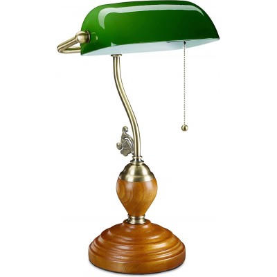 Lámpara de escritorio 45×27 cm. Interruptor de cadena Salón, dormitorio y vestíbulo. Estilo vintage y clásico. Cristal, Madera y Latón. Color verde