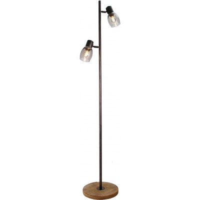 Lámpara de pie 40W Forma Alargada 153×28 cm. Doble foco Salón, comedor y vestíbulo. Estilo vintage. Cristal, Metal y Madera. Color negro