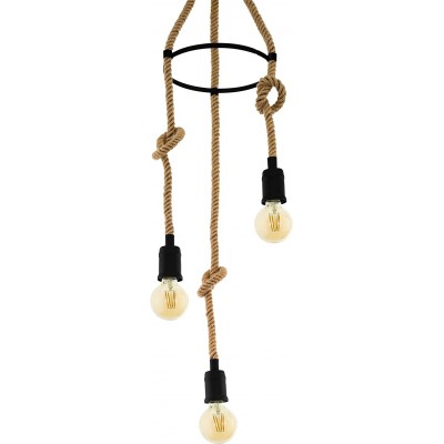 Lámpara colgante Eglo 40W 110×30 cm. 3 puntos de luz. Suspensión mediante cuerda Salón, dormitorio y vestíbulo. Acero y Madera. Color marrón