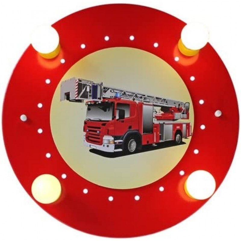 137,95 € Envio grátis | Lâmpada infantil 40W Forma Redondo 50×50 cm. 4 pontos de luz. Projeto com desenho de um caminhão de bombeiros Sala de jantar, quarto e salão. Madeira. Cor vermelho