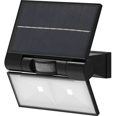 Flood and spotlight 3W 3000K Warm light. Rectangular Shape 17×16 cm. LED projector. solar recharge. Motion sensor and light sensor Terrace, garden and public space. Stainless steel and PMMA. Black Color
